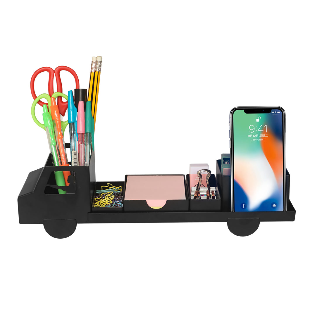 Steti Metal Desk Organizer and Office Accessories Caddy, with Pen Holder, Phone Stand, Sticky Note Tray, Paperclip Storage; Desktop Organization for Cubicle or Home Office, Unique Truck Design, Matte Black